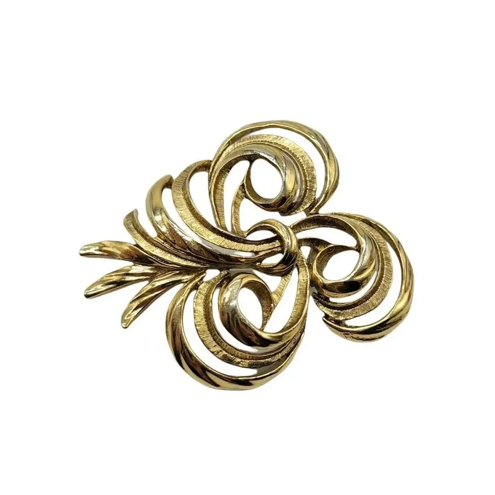 Mid Century Abstract Large Gold Tone Swirl Leaf Vintage Brooch 2.75